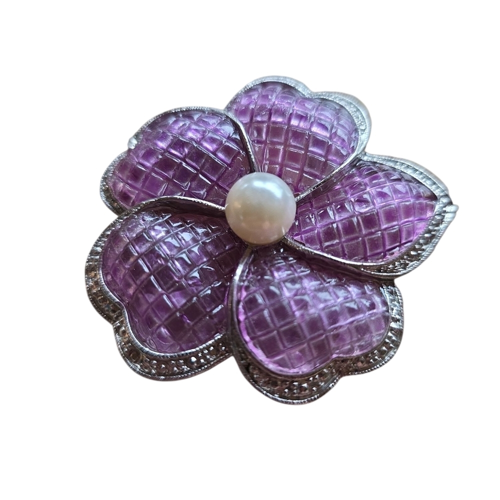 Elegant Purple Flower Brooch with Pearl Center